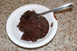 Chocolate cake in white bowl